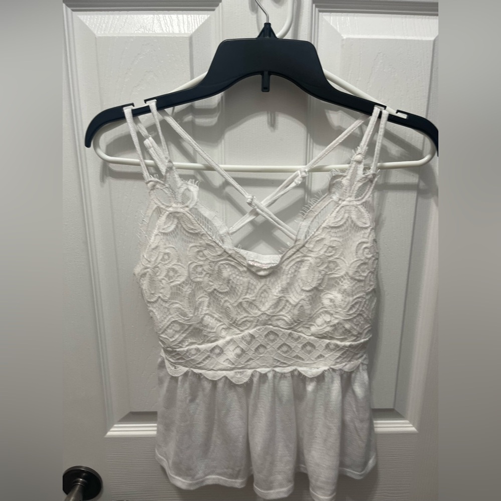 No Boundaries White Lace Peplum Cami with Crisscross Straps